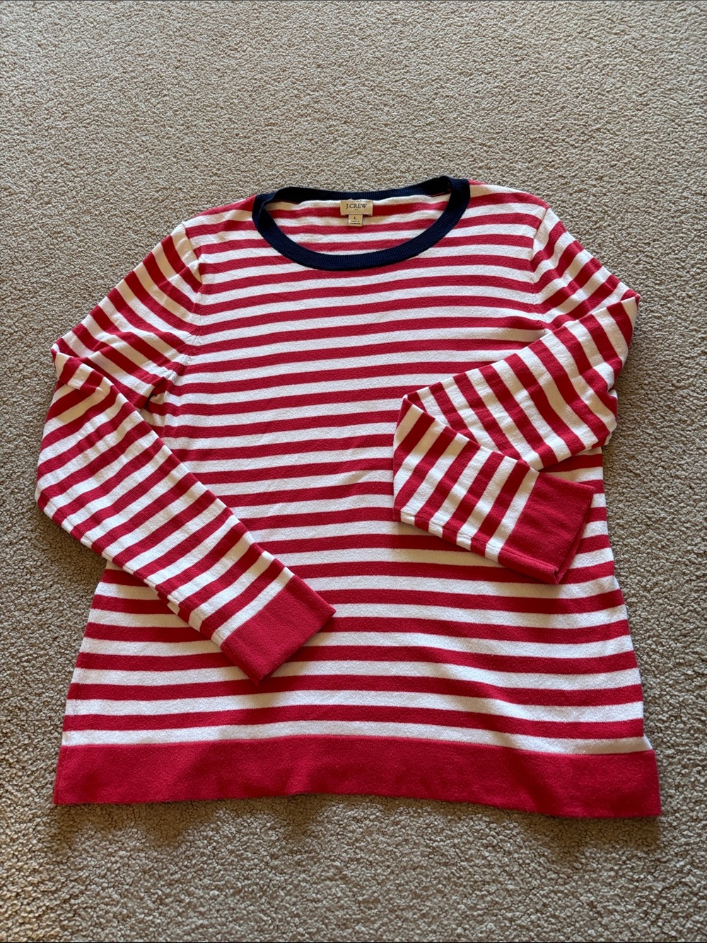 J. Crew Red & White Striped Crewneck Sweater with Navy Trim